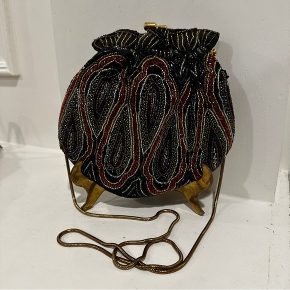 Vanessa Vintage Beaded Evening Bag Gold Snake Chain Paisley Handbag